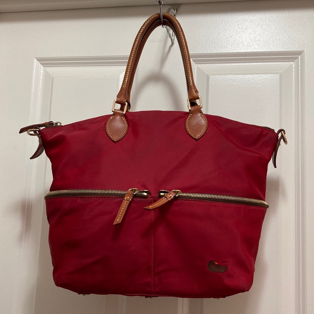 Dooney & Bourke Red Nylon Tote with Brown Leather Trim